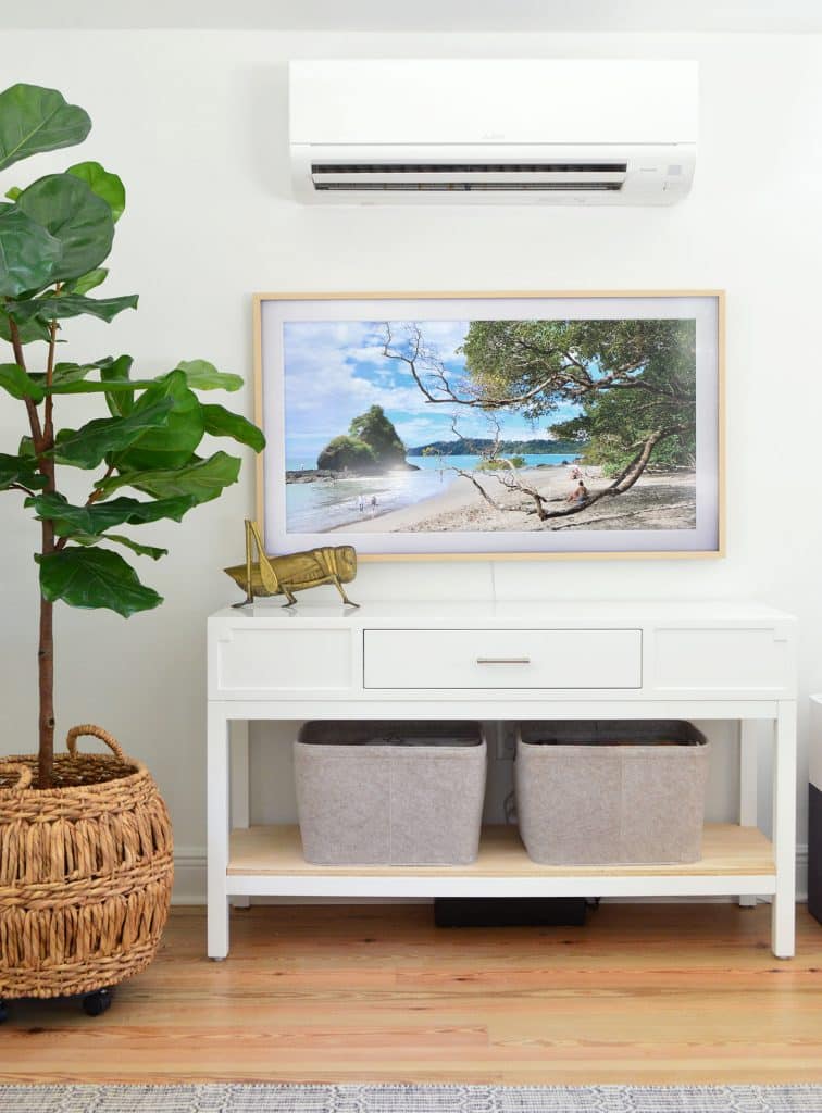 Samsung Frame TV Under Mini Split With Faux Fig Tree