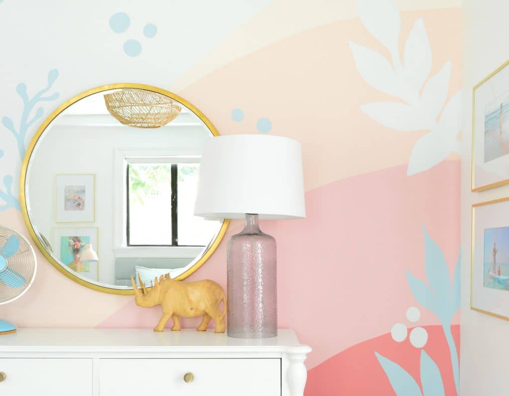 Colorful Beach Mural With Pinks And Blue Gradient In Girls Bedroom
