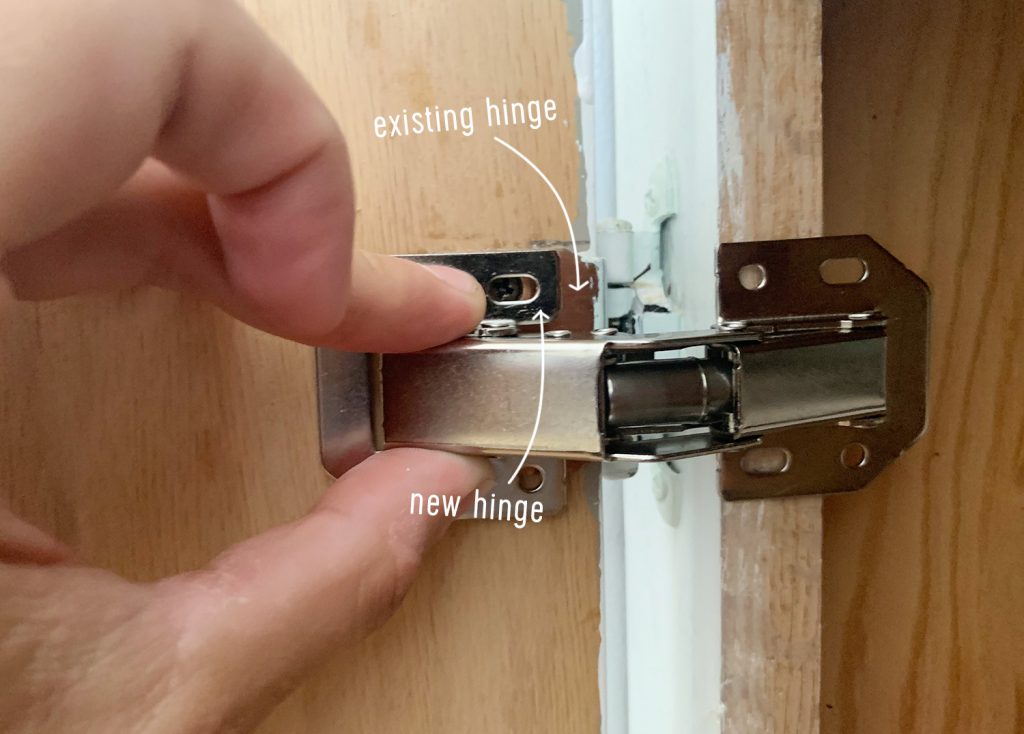 Diagram of marking holes for new hidden hinges over existing hinge