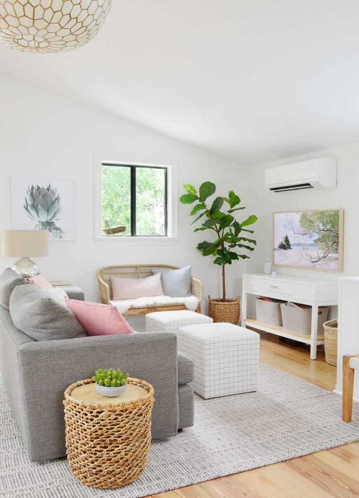 TV Area With Couch Striped Ottomans And Woven Bench