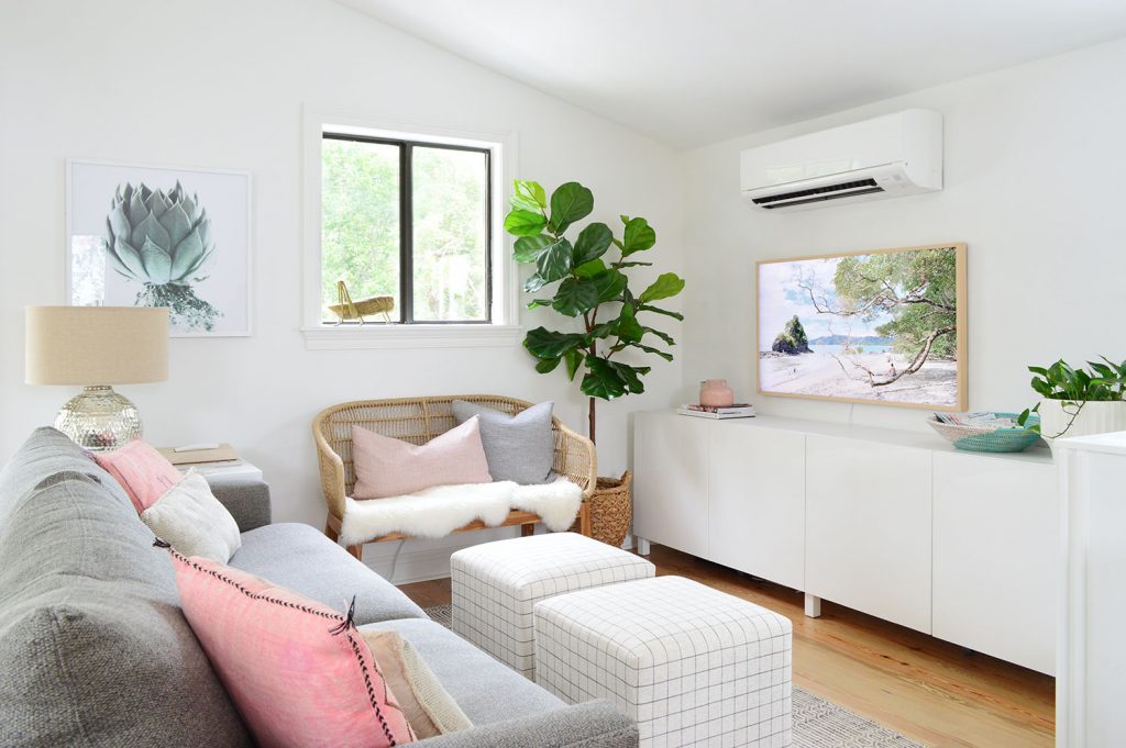 Living Room With Large White Ikea Besta Cabinet Media Console