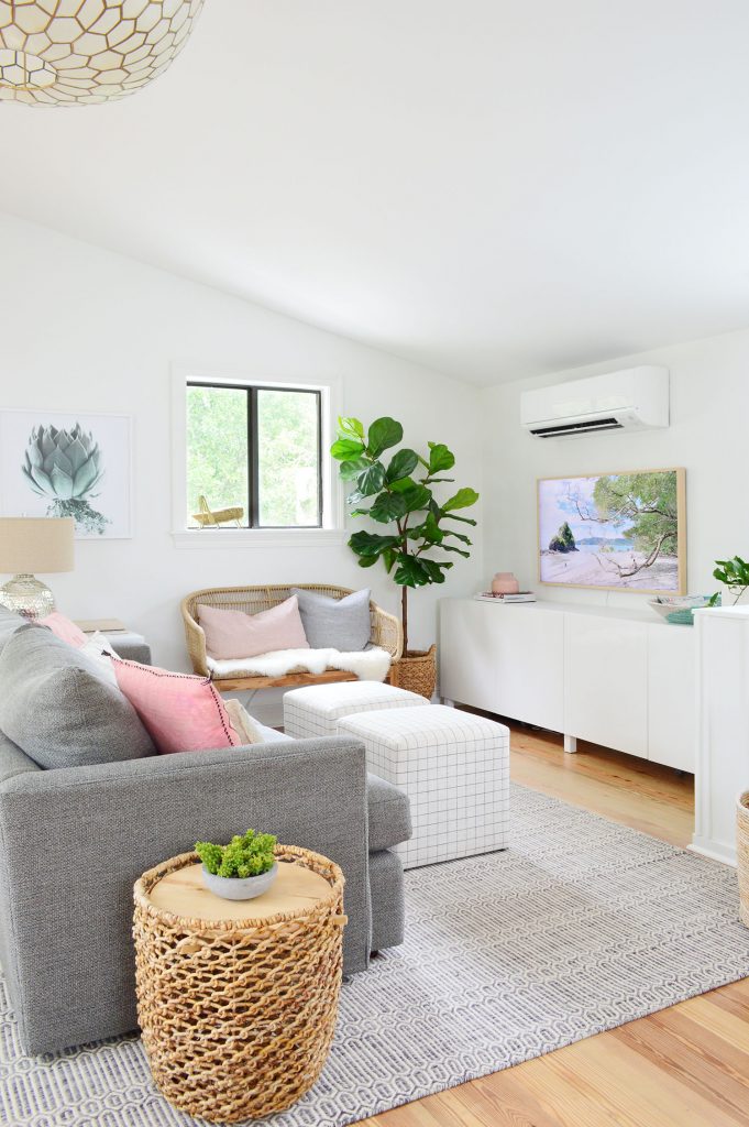 Living Room With Vaulted Ceiling With Ikea Besta Storage Under TV