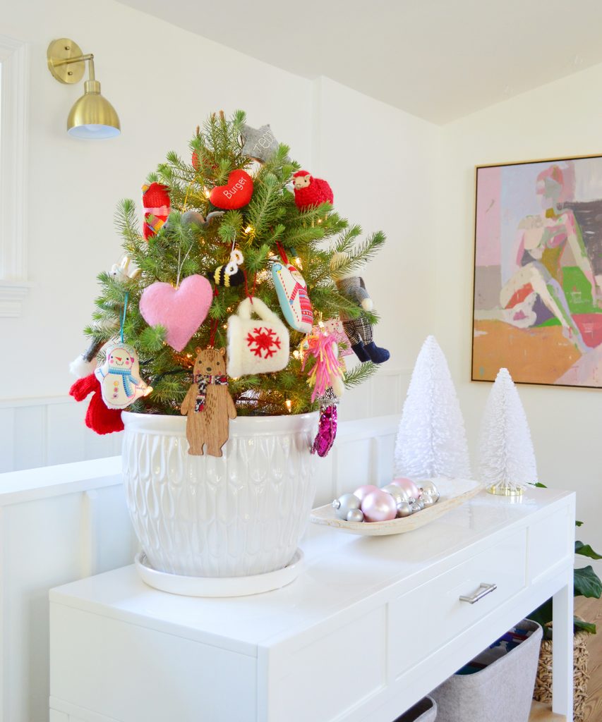 Small Tabletop Tree In White Pot With Colorful Ornaments