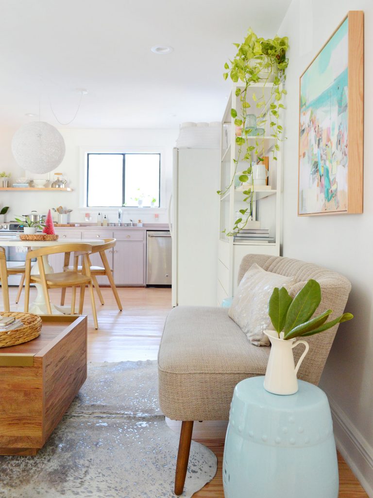 Walking space between settee and coffee table leading to kitchen