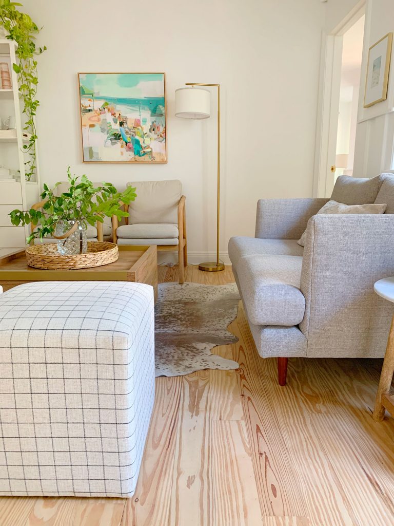 Walkway space in front of gray loveseat in downstair sitting area