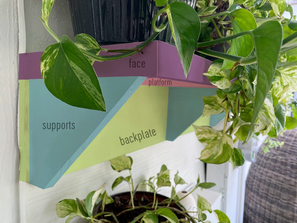 Color Coded Diagram of Outdoor Plant Shelf Showing Angled Supports Against Backplate And Platform Shelf