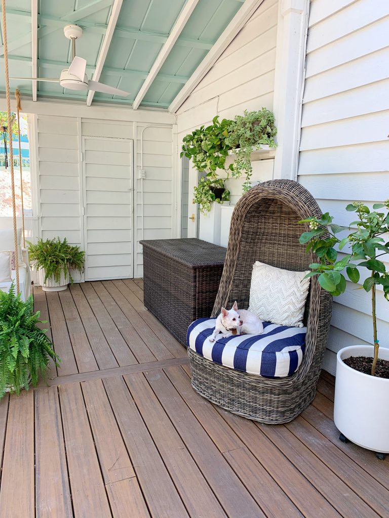 Full View Of Covered Porch With Plant Shelf And Other Potted Plants