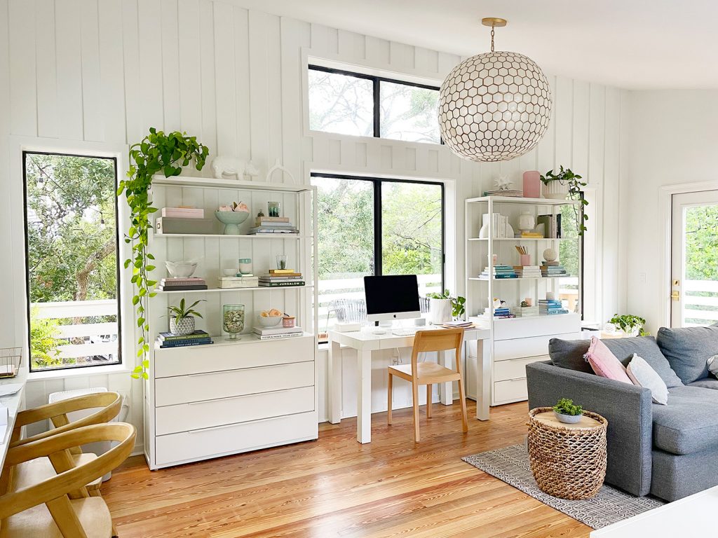 Ikea Fjalkinge Bookshelves In Upstairs Family Room With Large Windows And Vaulted Ceiling