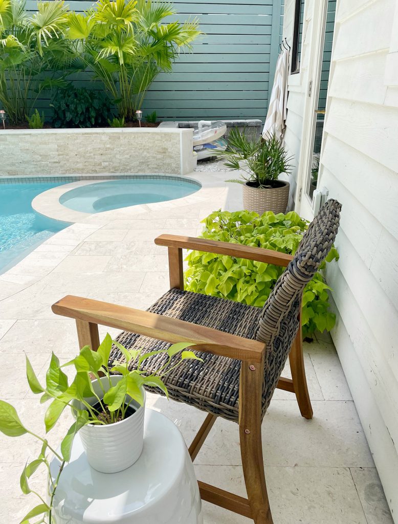 View of pool patio material showing tone-on-tone color scheme of tile selections