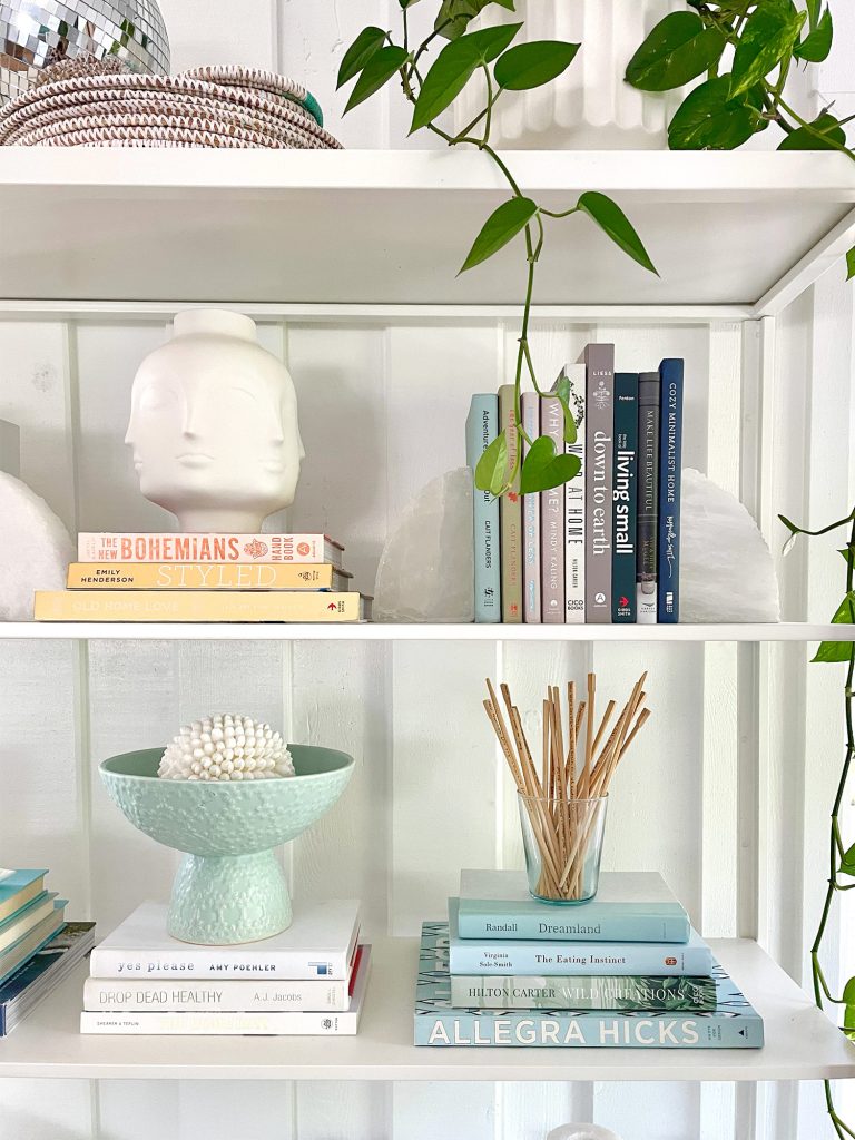 Detail Of Ikea Fjalkinge Shelf Bookcase With Styled Books And Decorative Objects