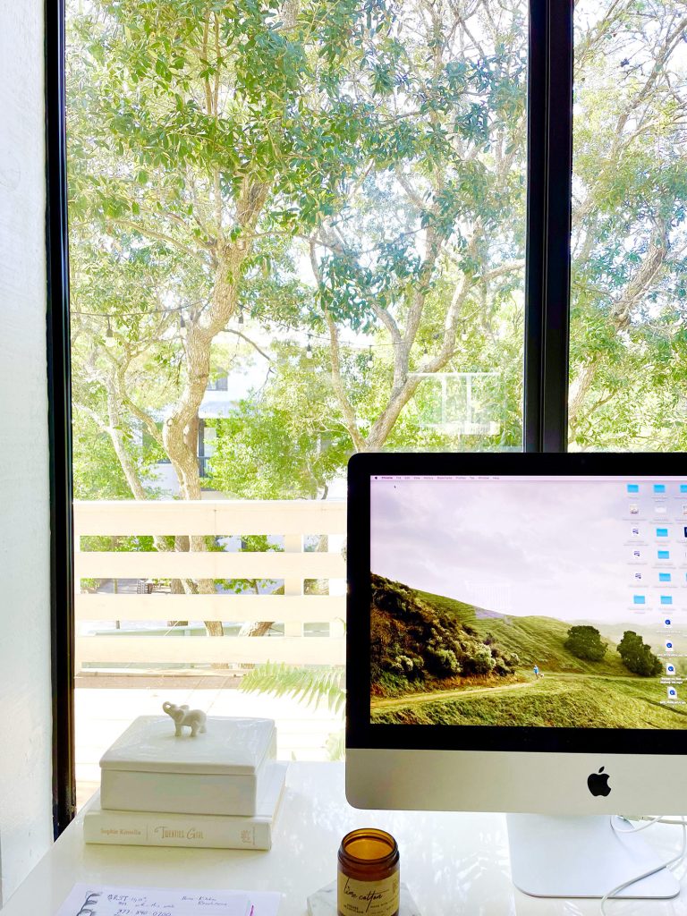 iMac Computer In Front Of Large Picture Window In Upstairs Modern Family Room