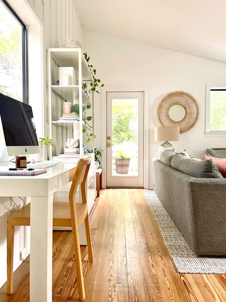 View Toward Door To Deck Off Of Upstairs Family Room With Office Desk In Foreground