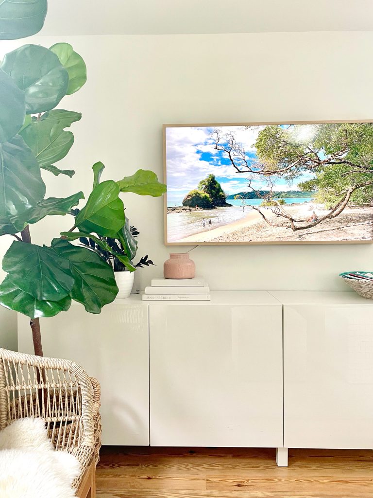 Samsung Frame TV Over Ikea Besta Console In Modern Family Room With Faux Fig Tree