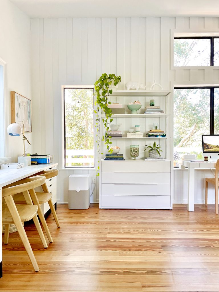 Ikea Fjalkinge Bookcase In Modern White Family Room With Paneling And Kids Art Desk