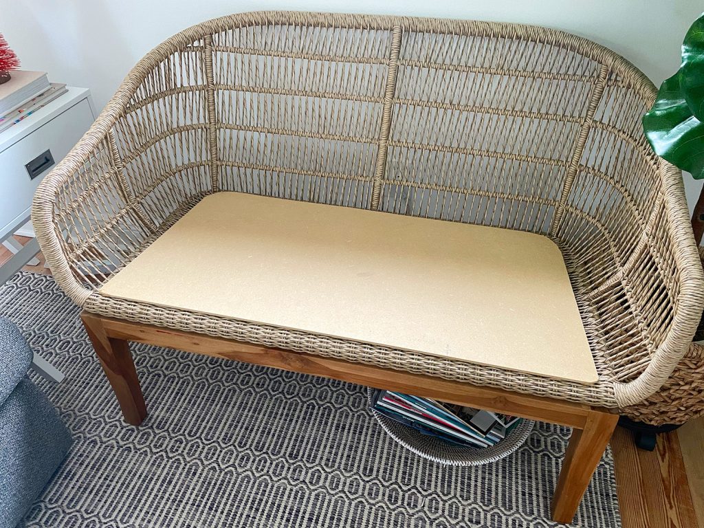 Woven jute loveseat with DIY MDF platform base