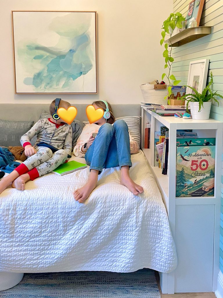 Built In Bookcase In Small Kids Room With Two Kids On The Bed