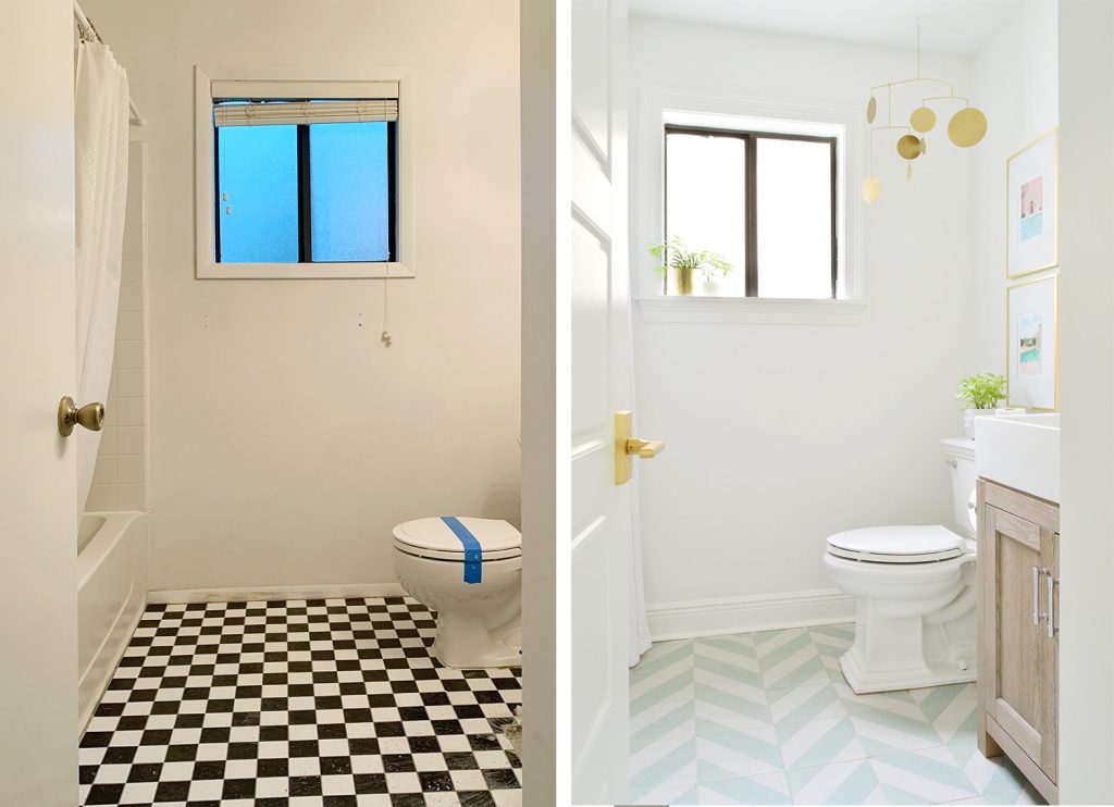 Antes e depois do banheiro da Flórida com piso estampado