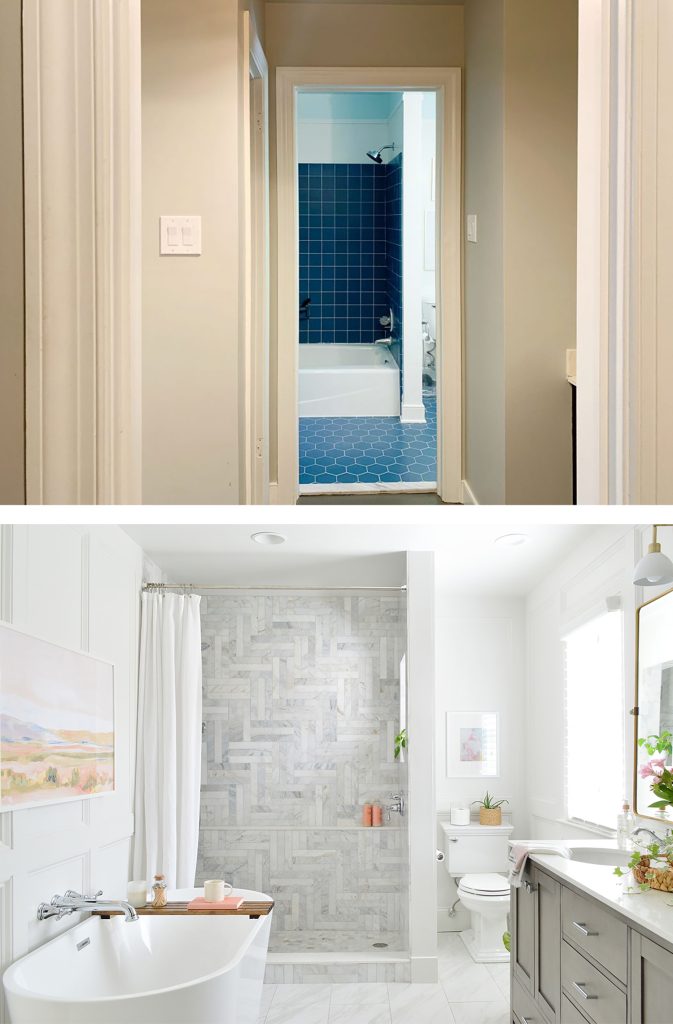 Foto antes e depois da reforma do banheiro de mármore