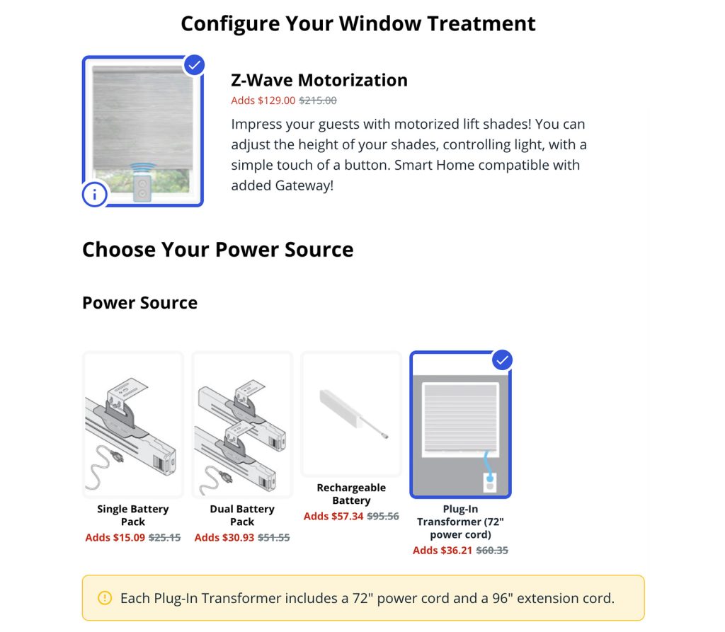 Screenshot of Bali Blinds Smart Blinds Order Form With Power Source Options