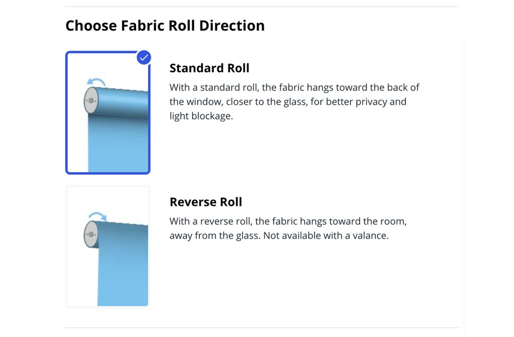 Screenshot Of Bali Blind Order Form With Choosing Fabric Roll Direction Options