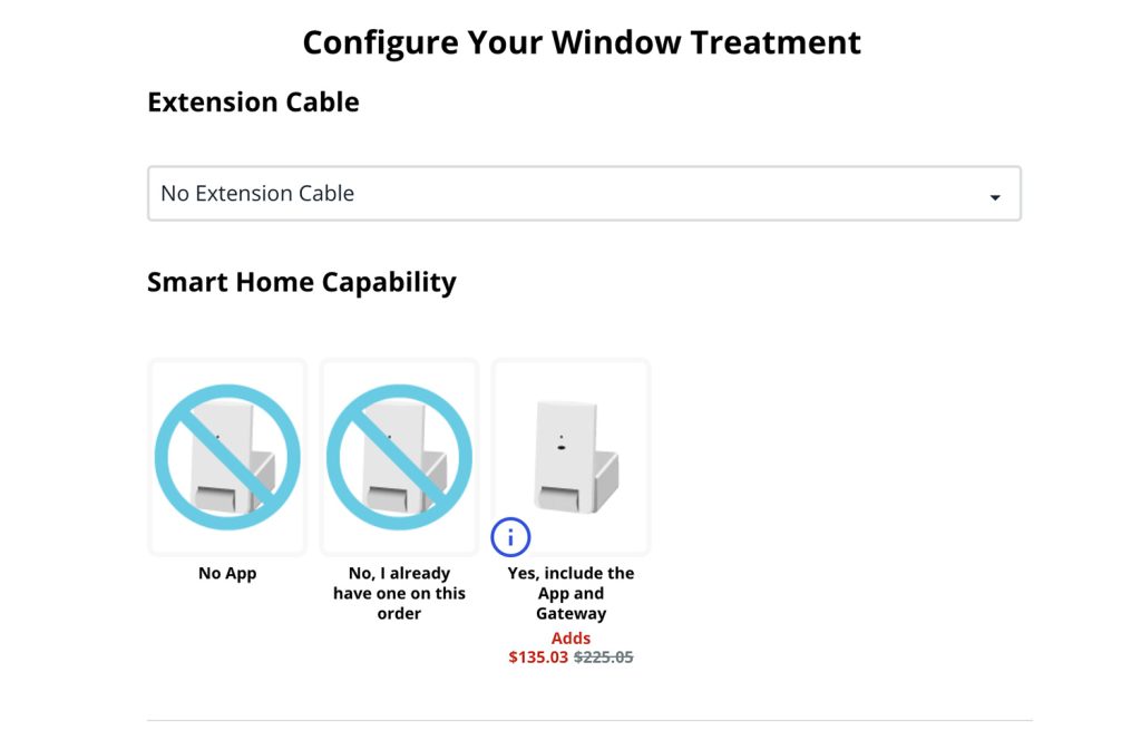 Screenshot Of Order Screen For Smart Blinds Showing Smart Home Configurations