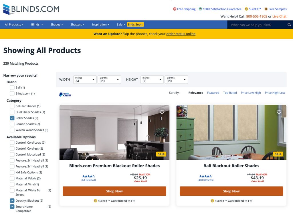 Screenshot Of Blinds Dot Com Order Pgae For Blackout Roller Shades