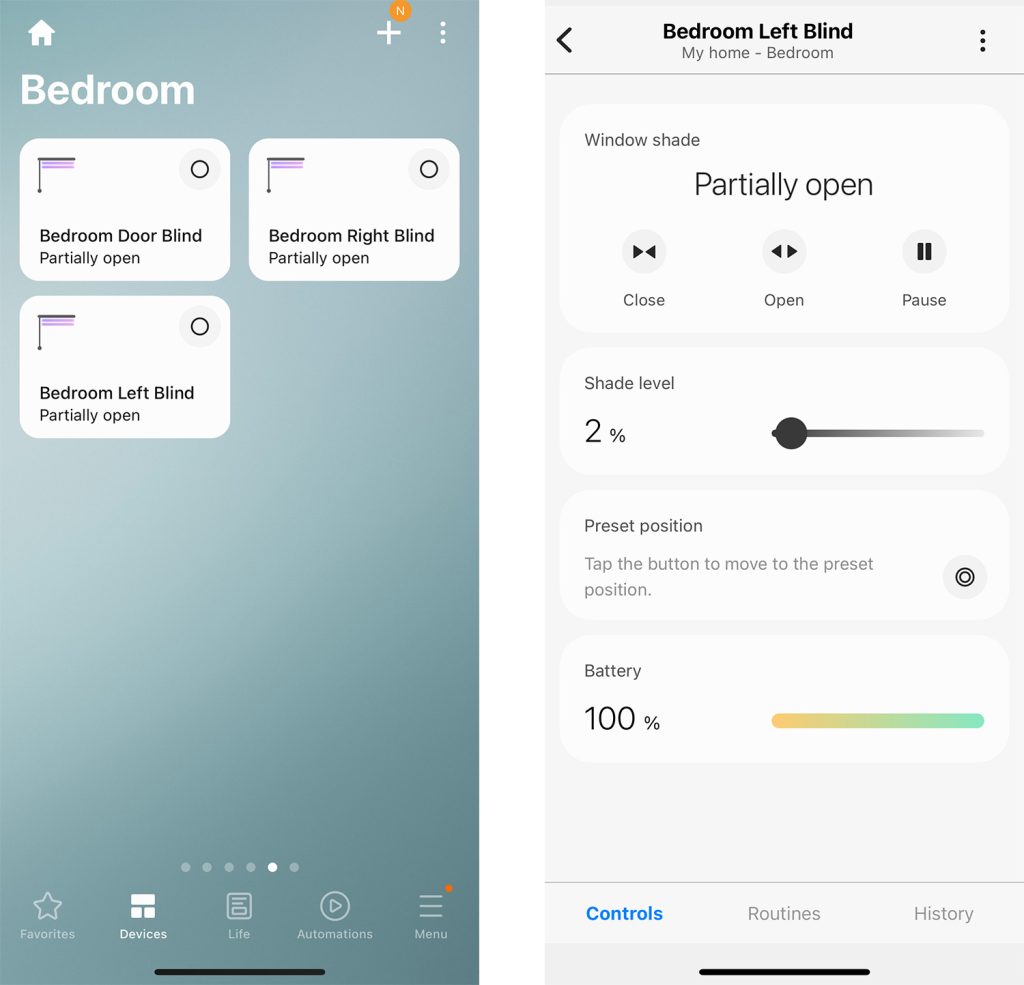 Samsung Smart Things App Interface For Controlling Smart Blinds