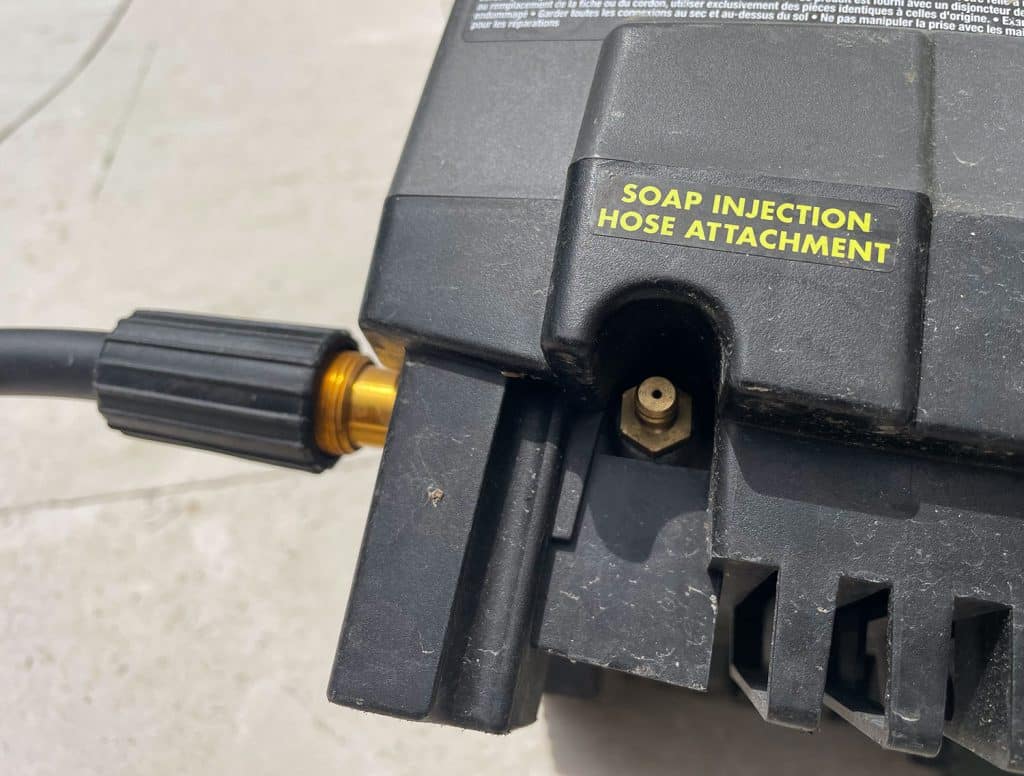 Soap Injection Hose Attachment nozzle on side of Ryobi Electric Pressure Washer