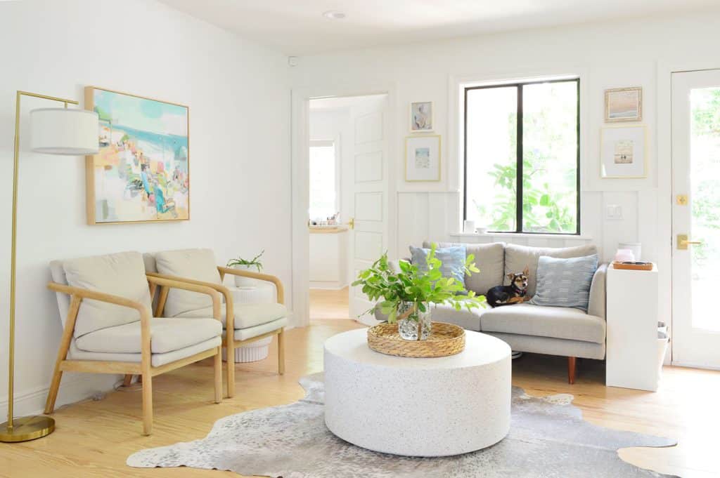 Beachy Seating Area With Blonde Wood Accents And Penny The Chihuahua Sitting On Gray Lovesat