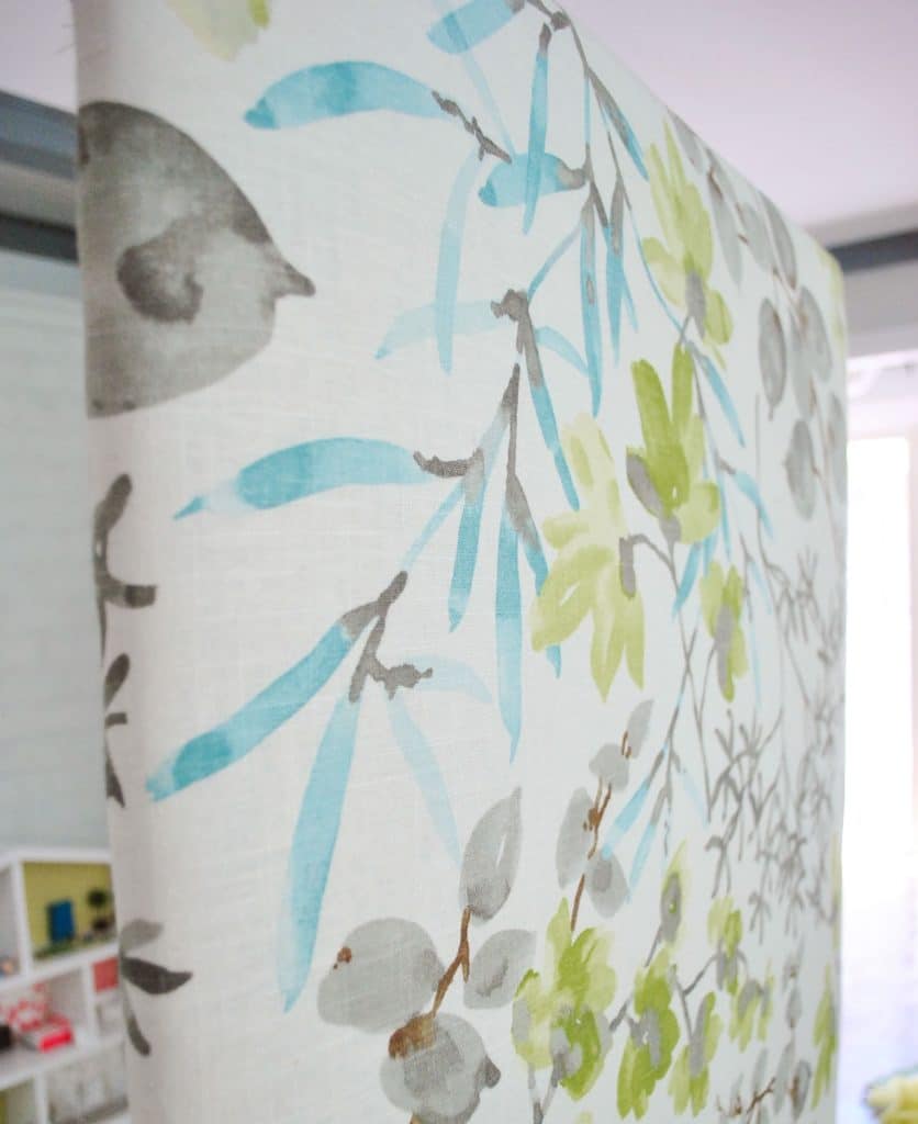 DIY Upholstered Headboard Fabric Detail On Finished Headboard 836x1024