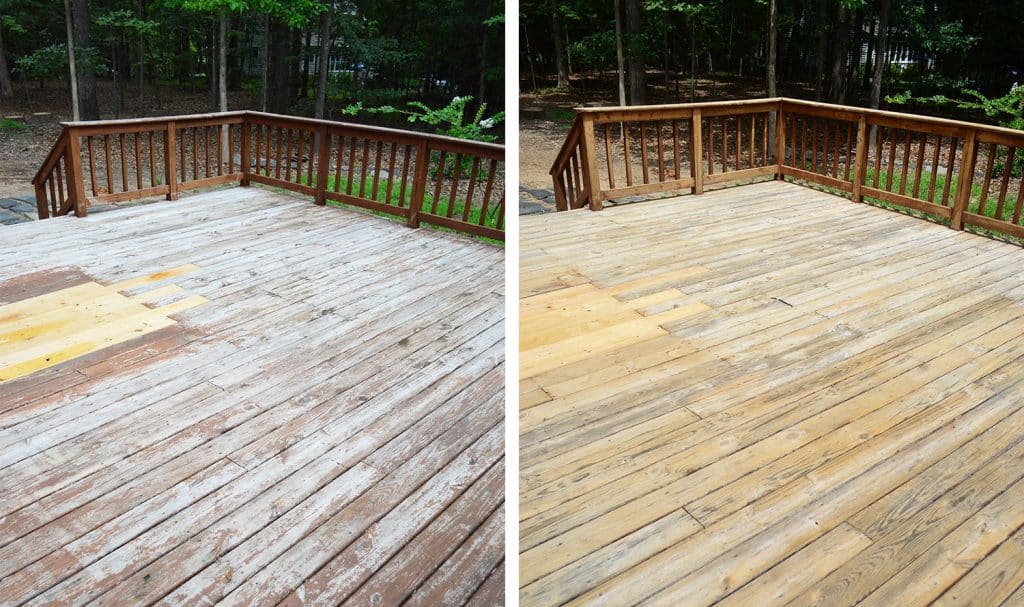 Side by Side of old wood deck before and after stain was stripped 