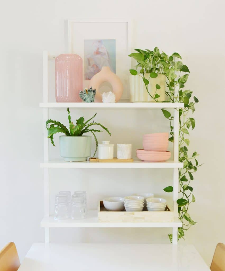 CB2 Shelf In Kitchen With Bowls Glasses And Plants