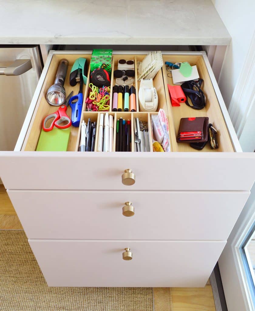 Junk Drawer Open In Base Cabinet Of Renovation Kitchen With Ikea Wood Dividers