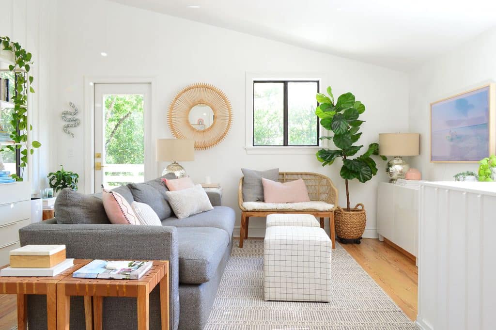 Family Living Room With Crate Barrel Loft Sofa and Woven accents