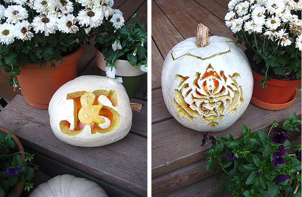 Couples monogram carved pumpkin and damask pattern jack-o-lanter