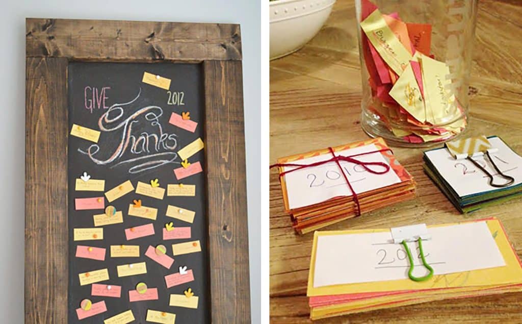 Thanksgiving chalkboard and pile of gratitude notecards from Thanks Jar