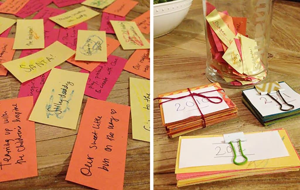 Gratitude notes for Thanksgiving saved in binder clips over multiple years