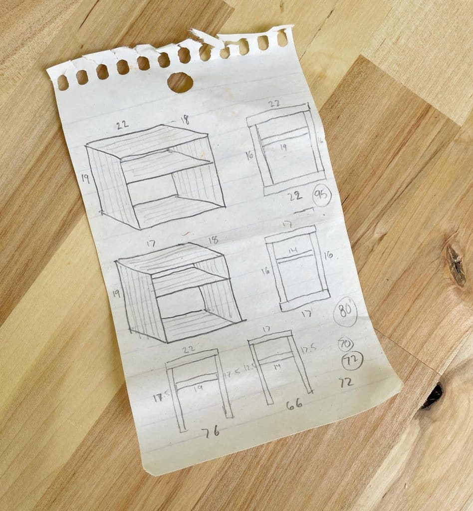 Sketches Of DIY Nightstand Ideas On Notebook Paper With Dimensions