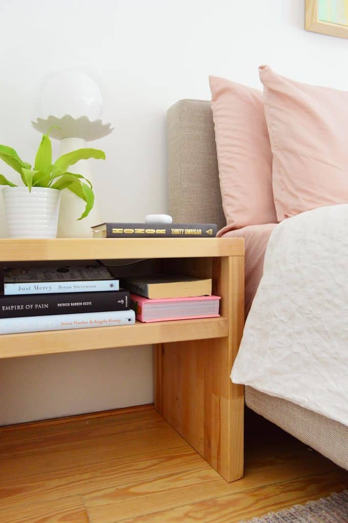 DIY Butcher Block Nightstand With Single Shelf Next To Upholstered Bed