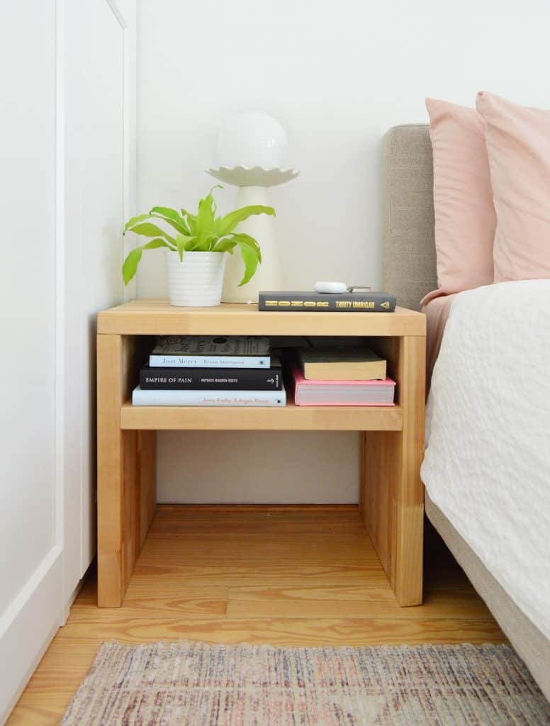 Modern Butcher Block Wood DIY Nightstand With Plant And Books