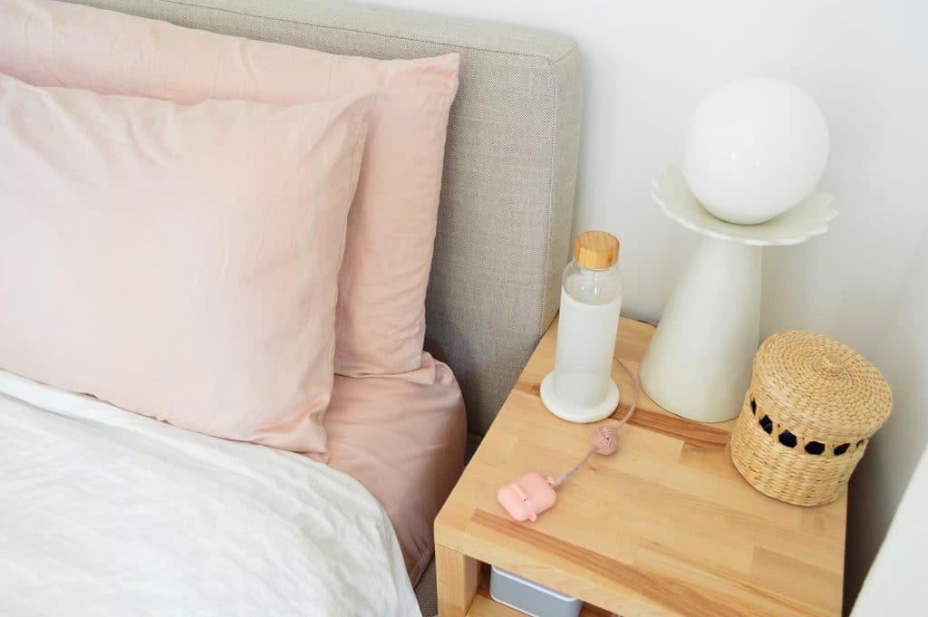 Overtop View Of Sherrys DIY Butcher Block Nightstand With Modern Lamp And Basket