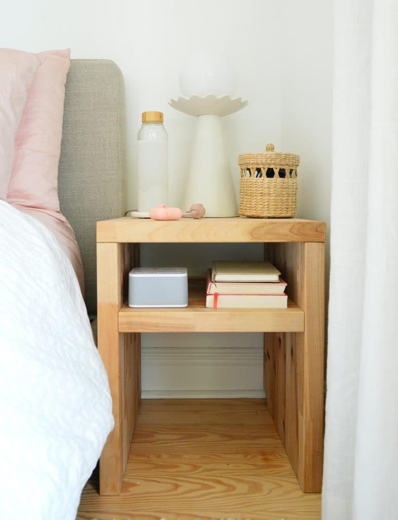 Close Up Of Simple Modern DIY Nightstand With Single Shelf