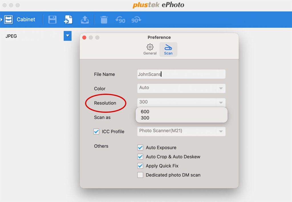 Where to Change Resolution in Plustek ePhoto