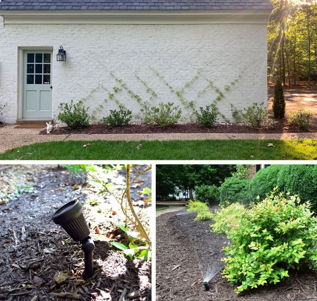 Collage of Outdoor Projects Vine Trellis Landscape Lighting Irirgation