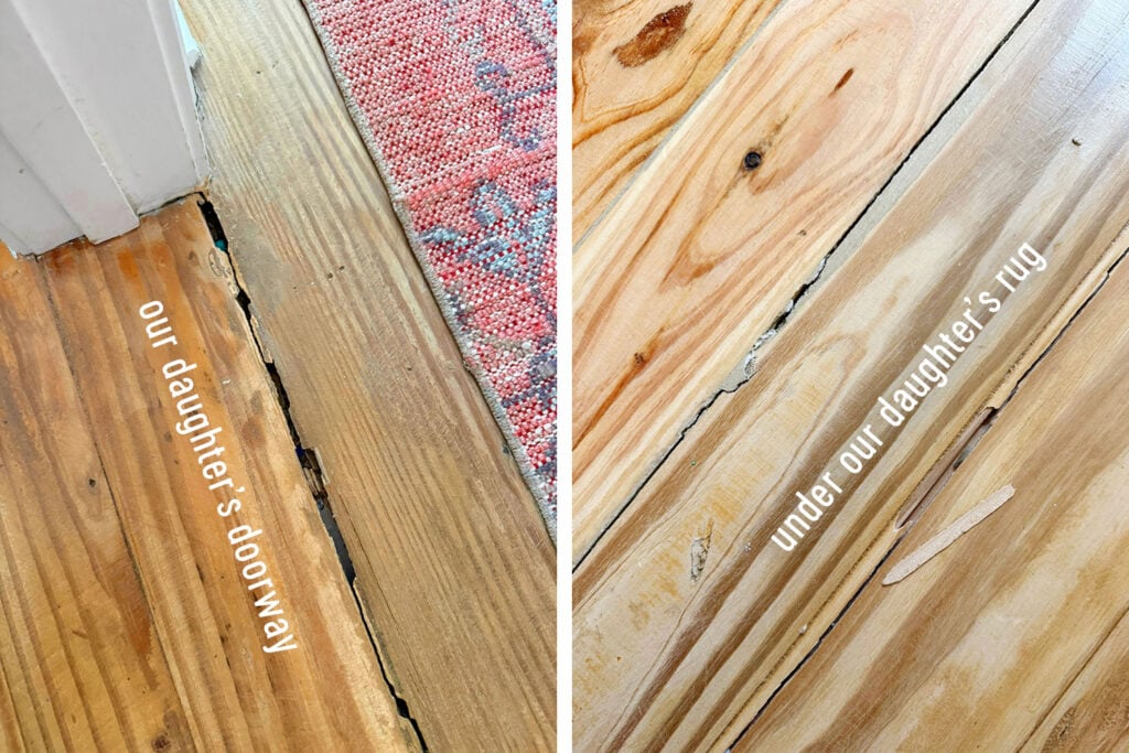 Close Up Of Pine Floor Damage In Daughter's Room