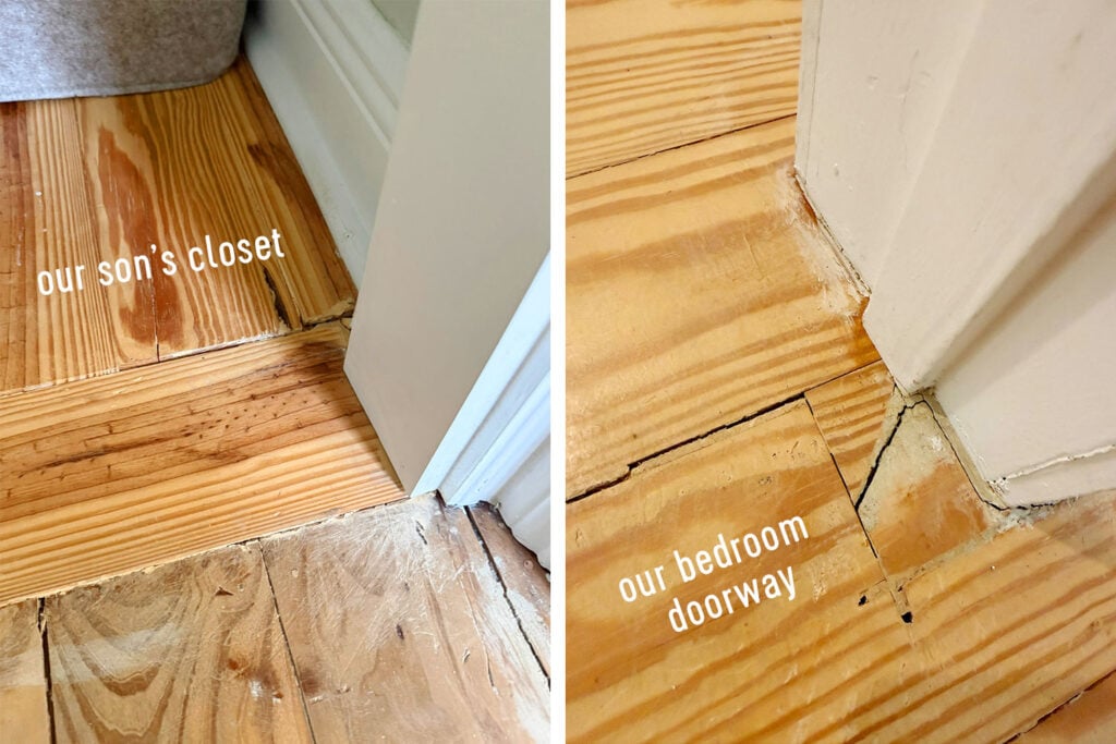 Close Up Of Pine Floor Damage In Doorways