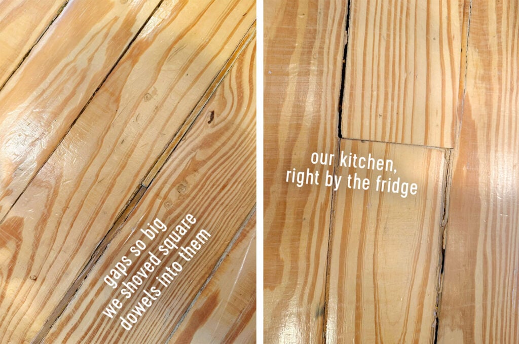 Close Up Of Pine Floor Damage In Kitchen