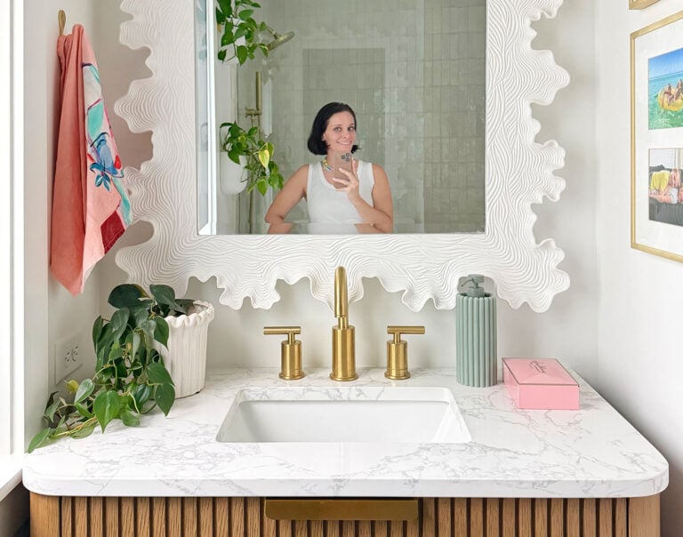 Sherry In Mirror Of New Bathroom Floating Vanity