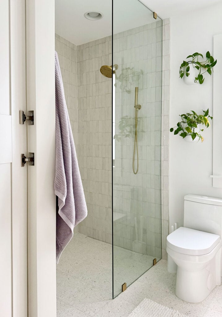 Open Glass Shower With White Zellige Tile And Plants On Wall
