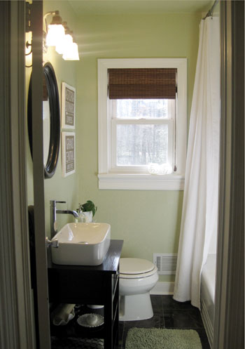 Green Bathroom With Dark Tile Floors And DIY Vanity